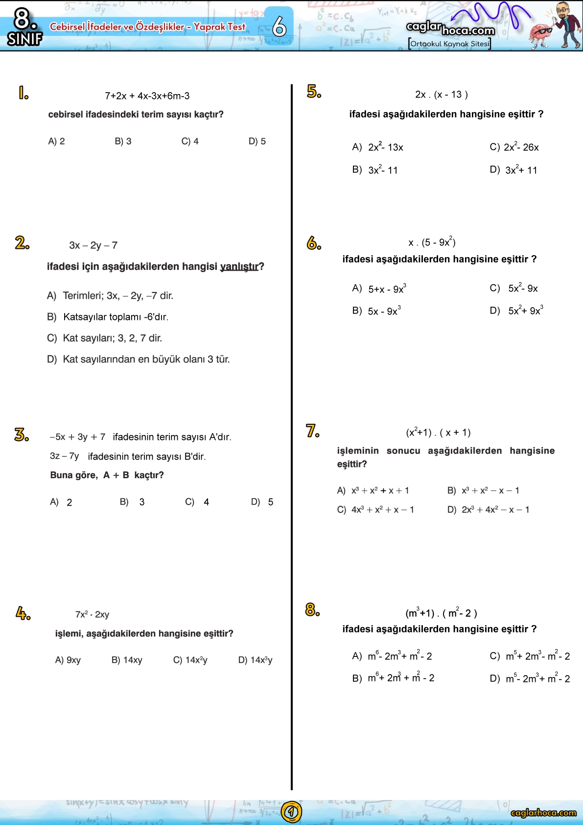 8.sınıf 6.ünite matematik cebirsel ifadeler ve özdeşlikler yaprak test