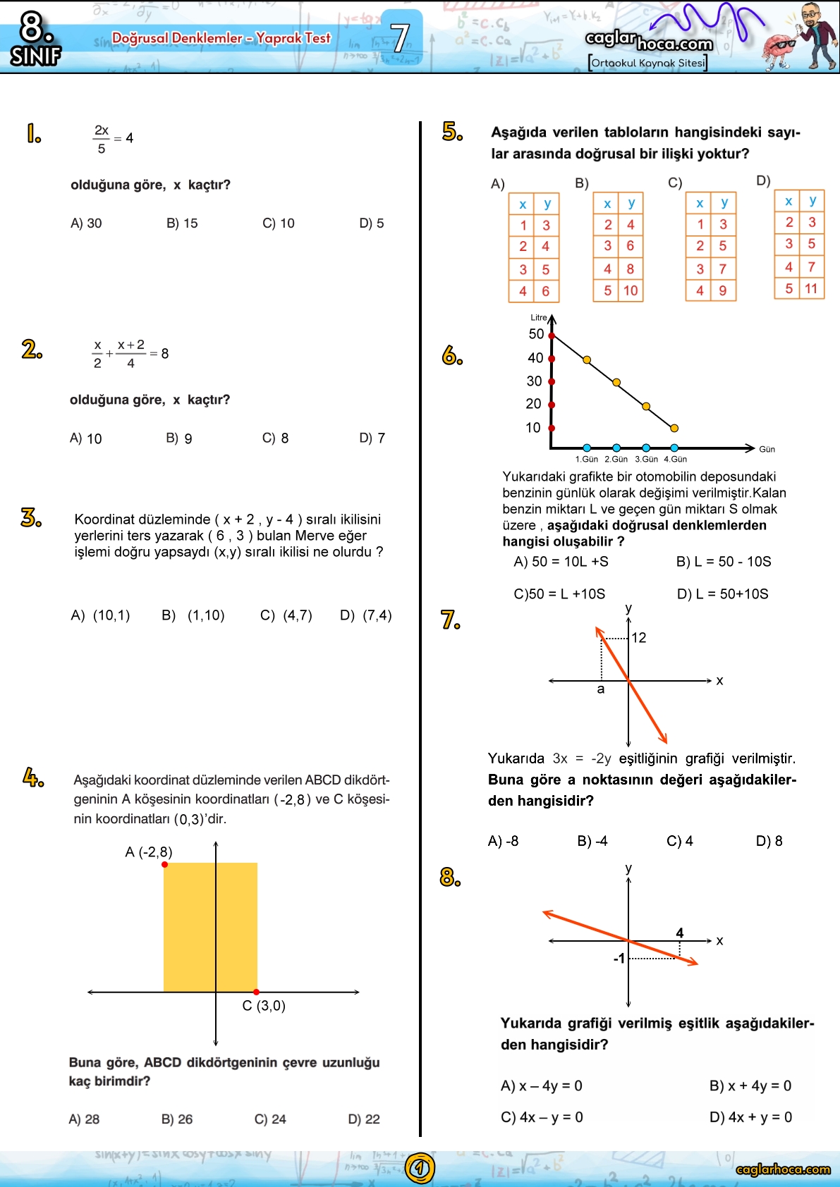 8.sınıf 7.ünite matematik yaprak test doğrusal denklemler