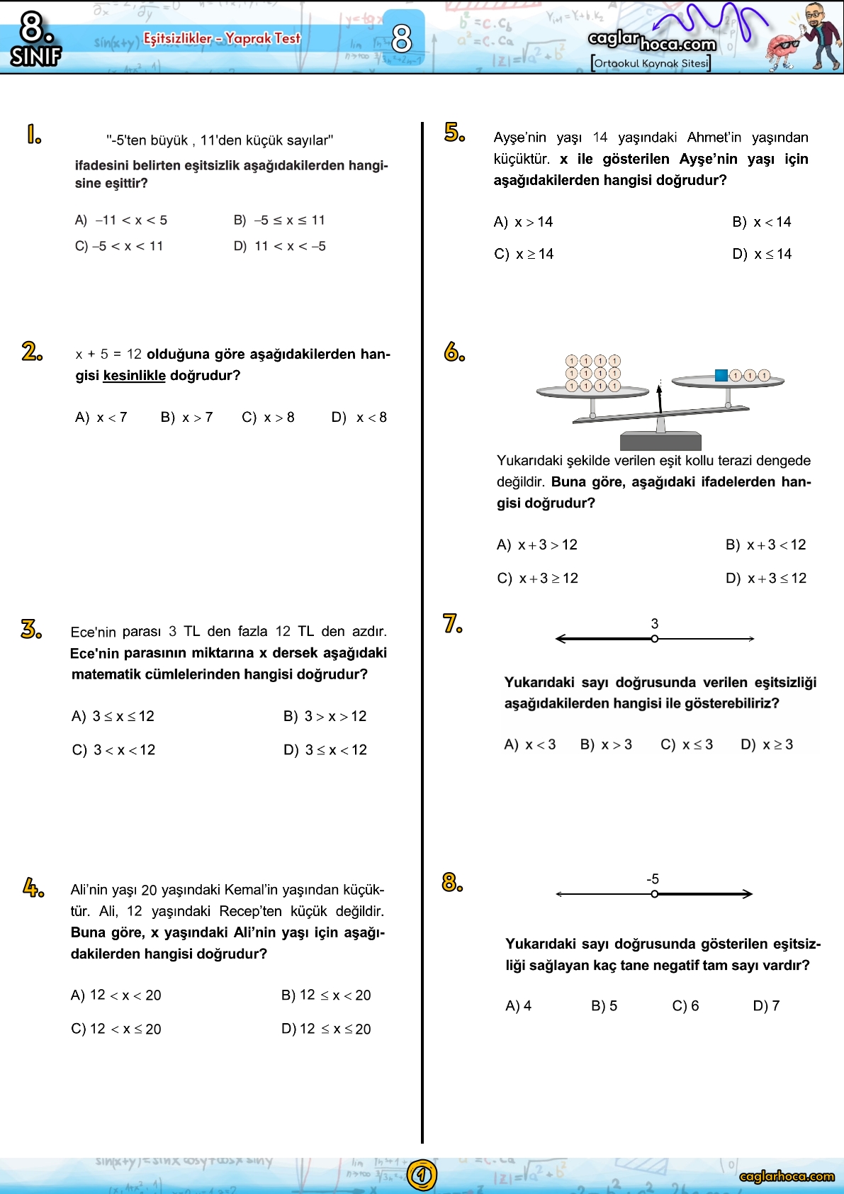 8.sınıf 8.ünite ortaokul matematik eşitsizlikler yaprak test