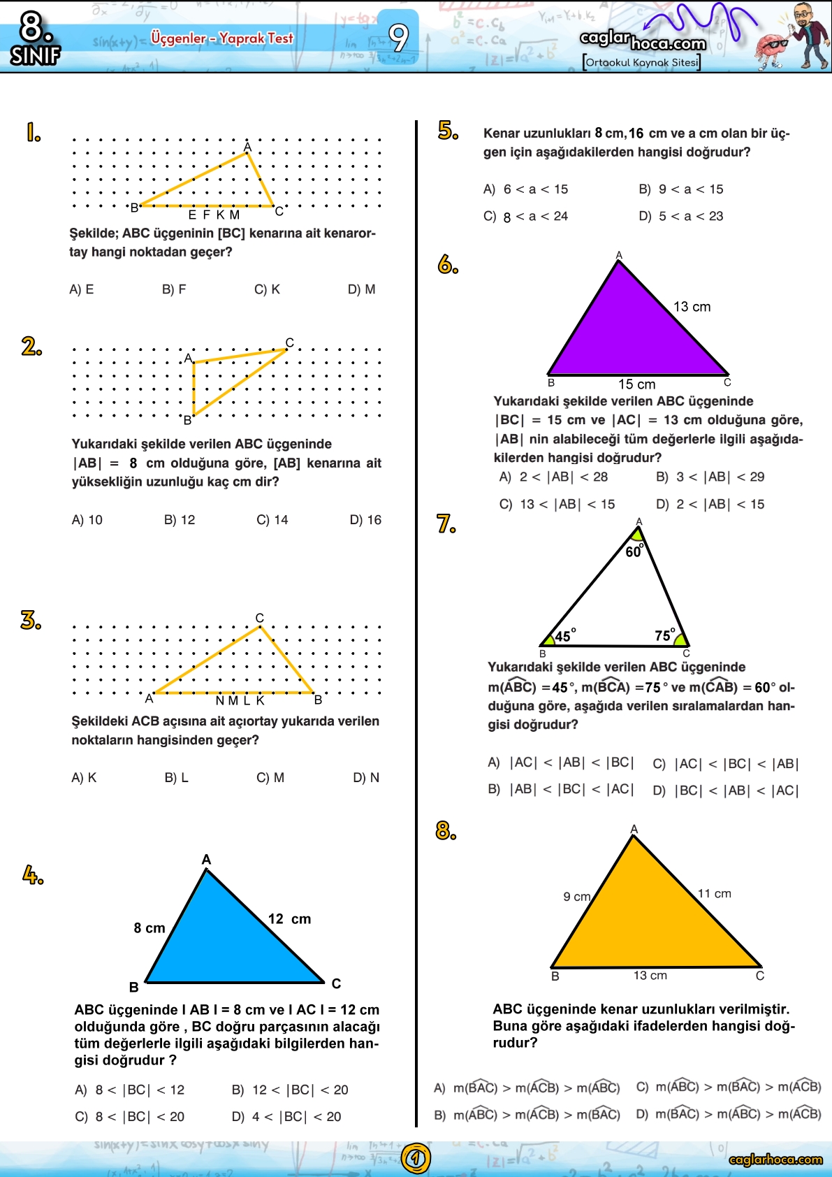 8.sınıf 9.ünite üçgenler ortaokul matematik yaprak test