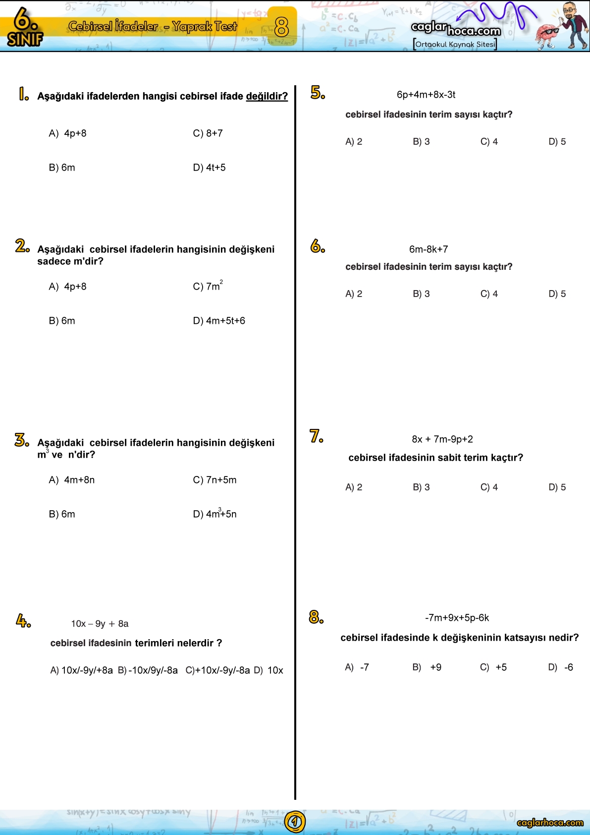 6.sınıf cebirsel ifadeler yaprak test1