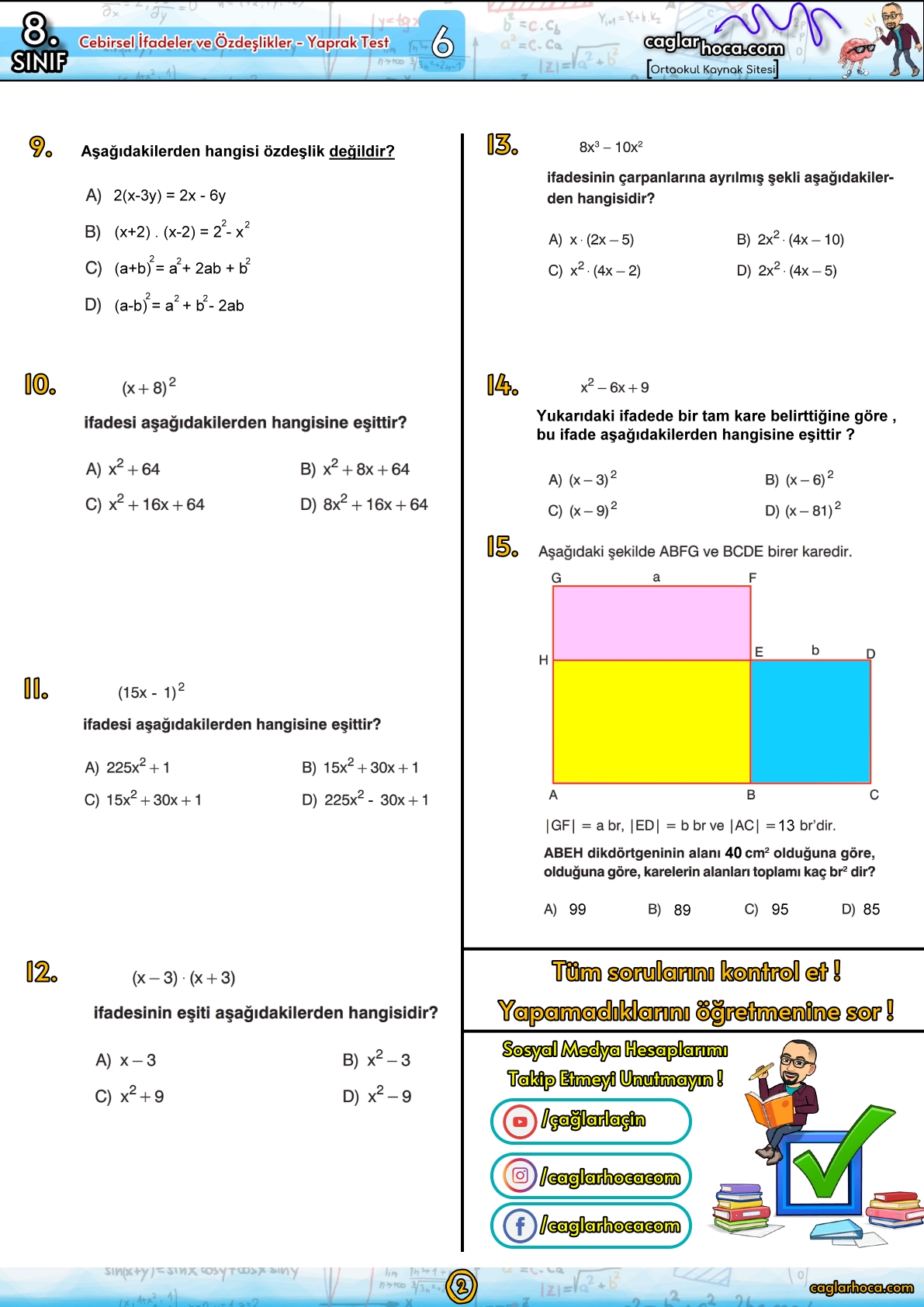 8.sınıf 6.ünite matematik cebirsel ifadeler ve özdeşlikler yaprak test2