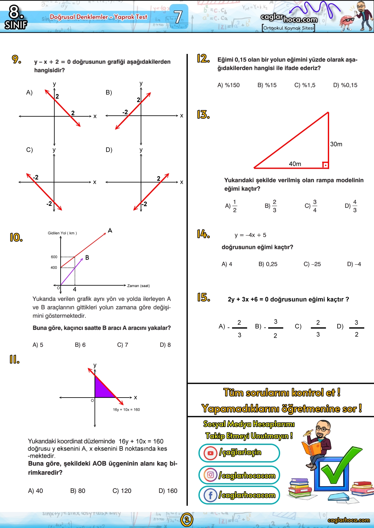 8.sınıf 7.ünite doğrusal denklemler matematik yaprak test