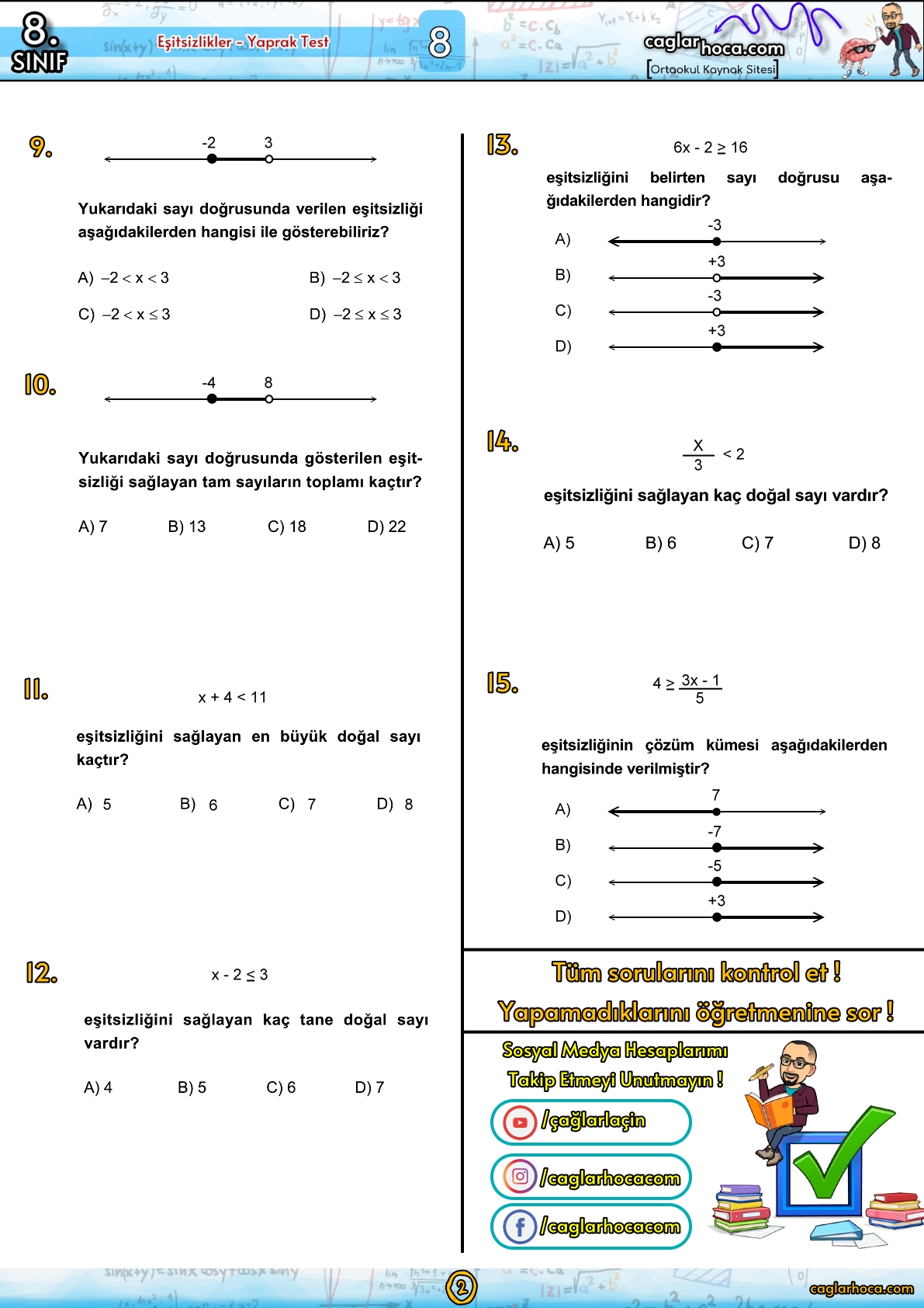 8.sınıf 8.ünite ortaokul matematik eşitsizlikler yaprak test