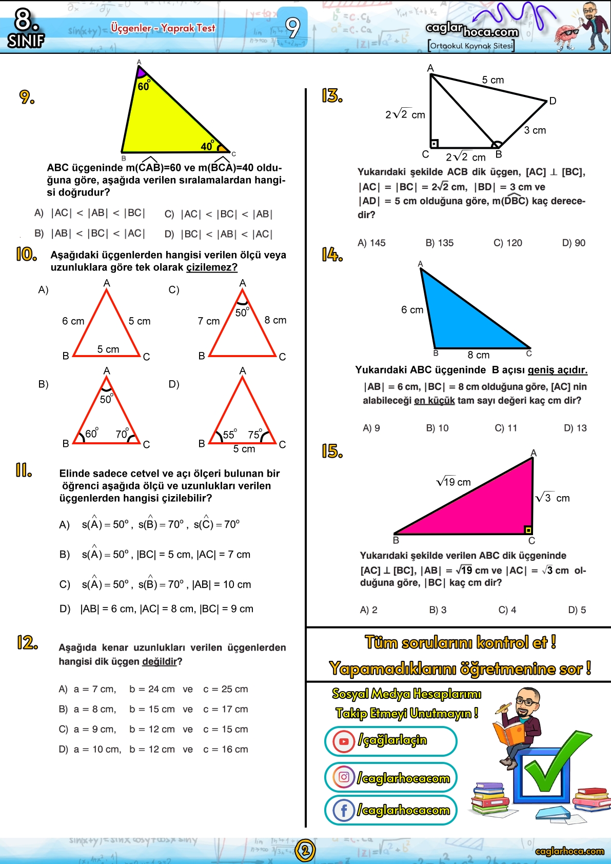 8.sınıf 9.ünite üçgenler ortaokul matematik yaprak test1