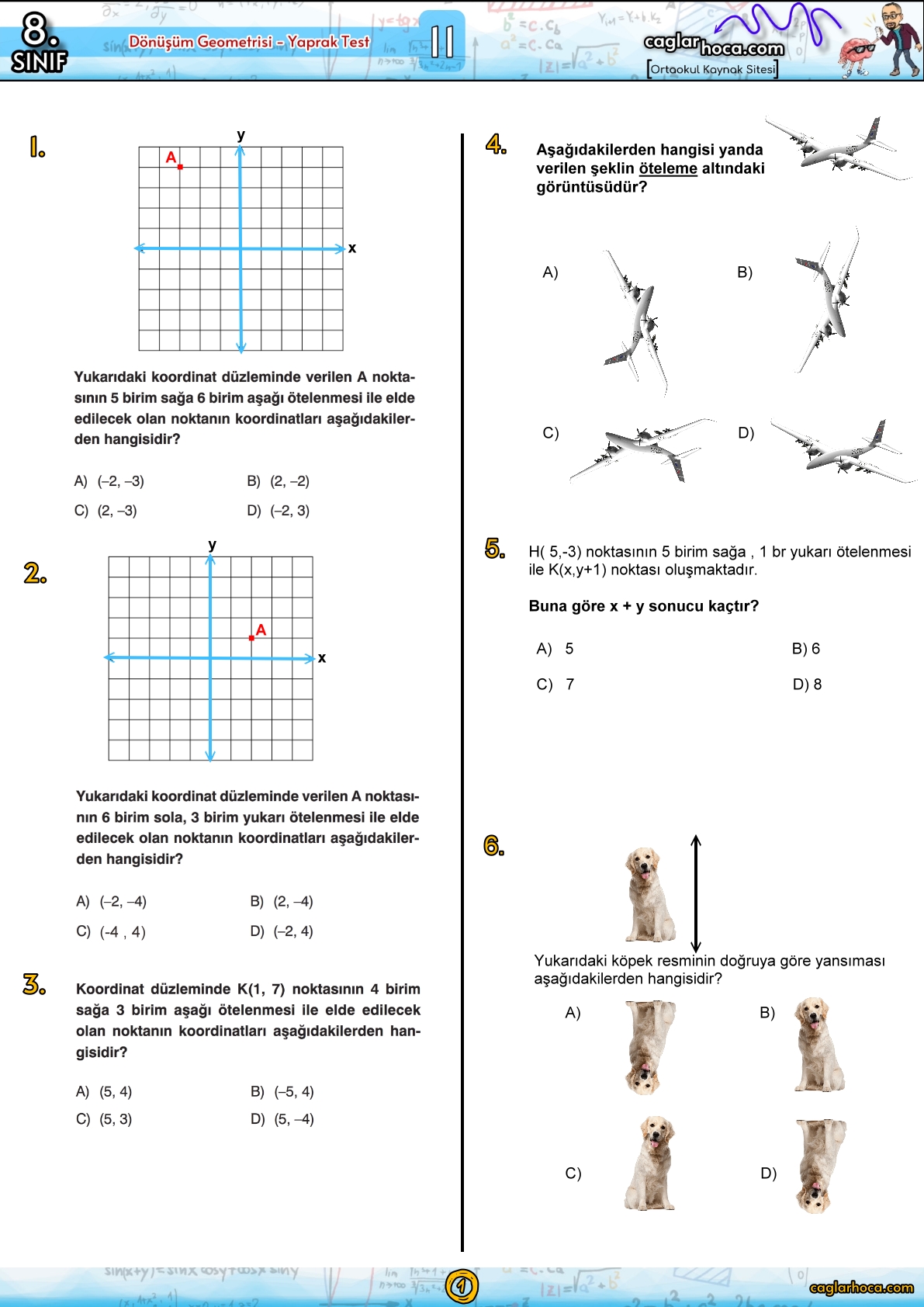 8.sınıf dönüşüm geometrisi yaprak test matematik