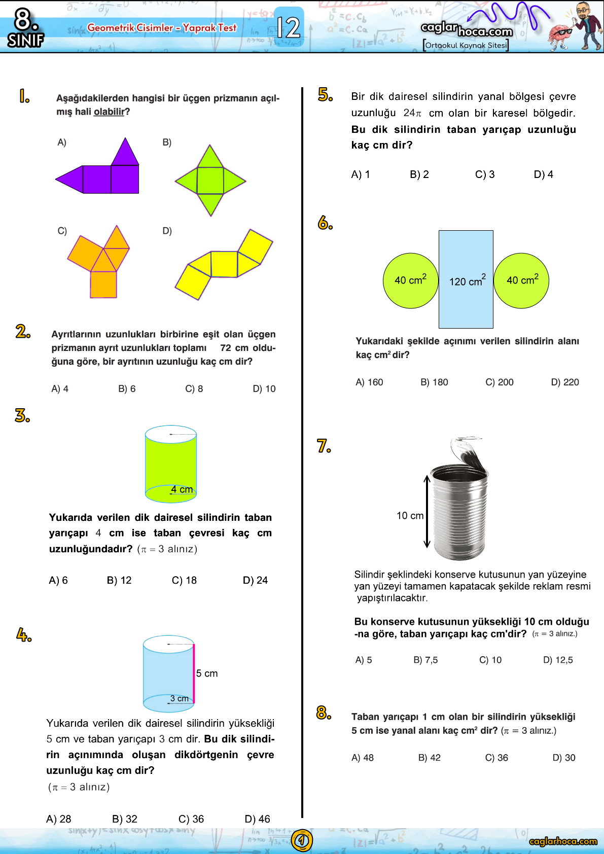 8.sınıf 12.ünite geometrik cisimler yaprak test