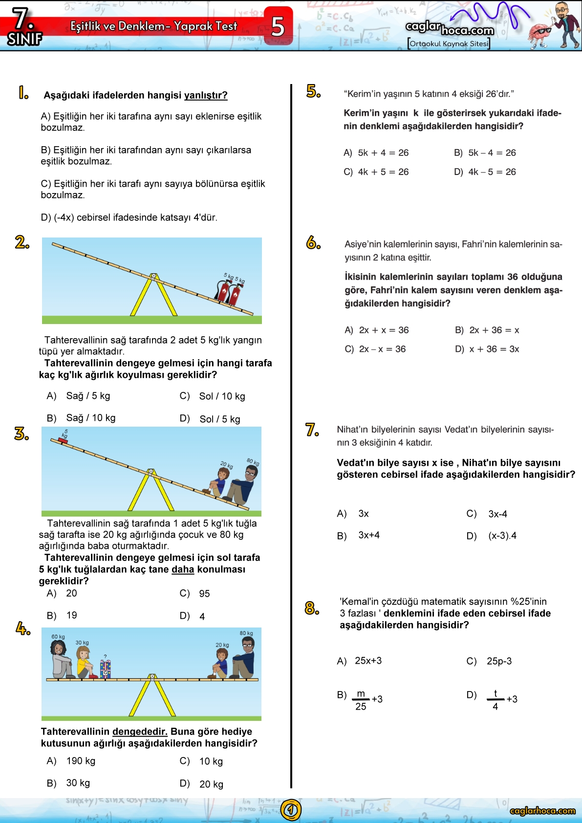 7.sınıf 5.Ünite Eşitlik ve Denklem Yaprak Test