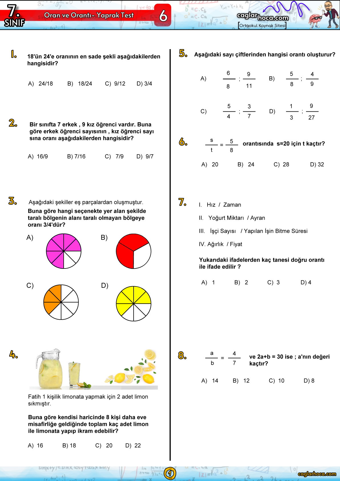 7.sınıf 6.ünite oran orantı yaprak test