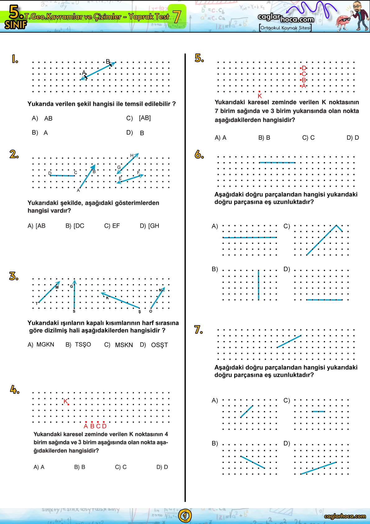 5.sınıf 7.ünite temel geometrik kavramlar ve çizimler yaprak test