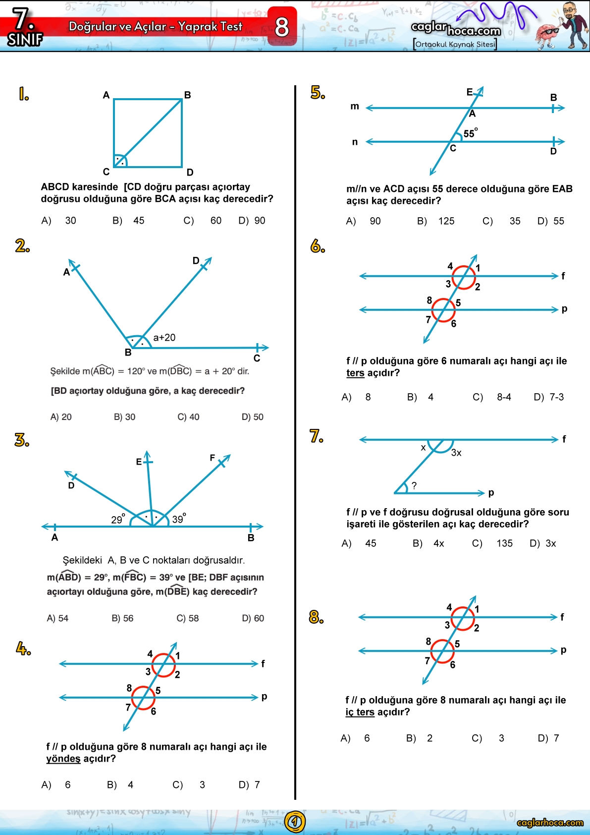 7.sınıf 8.ünite doğrular ve açılar yaprak test