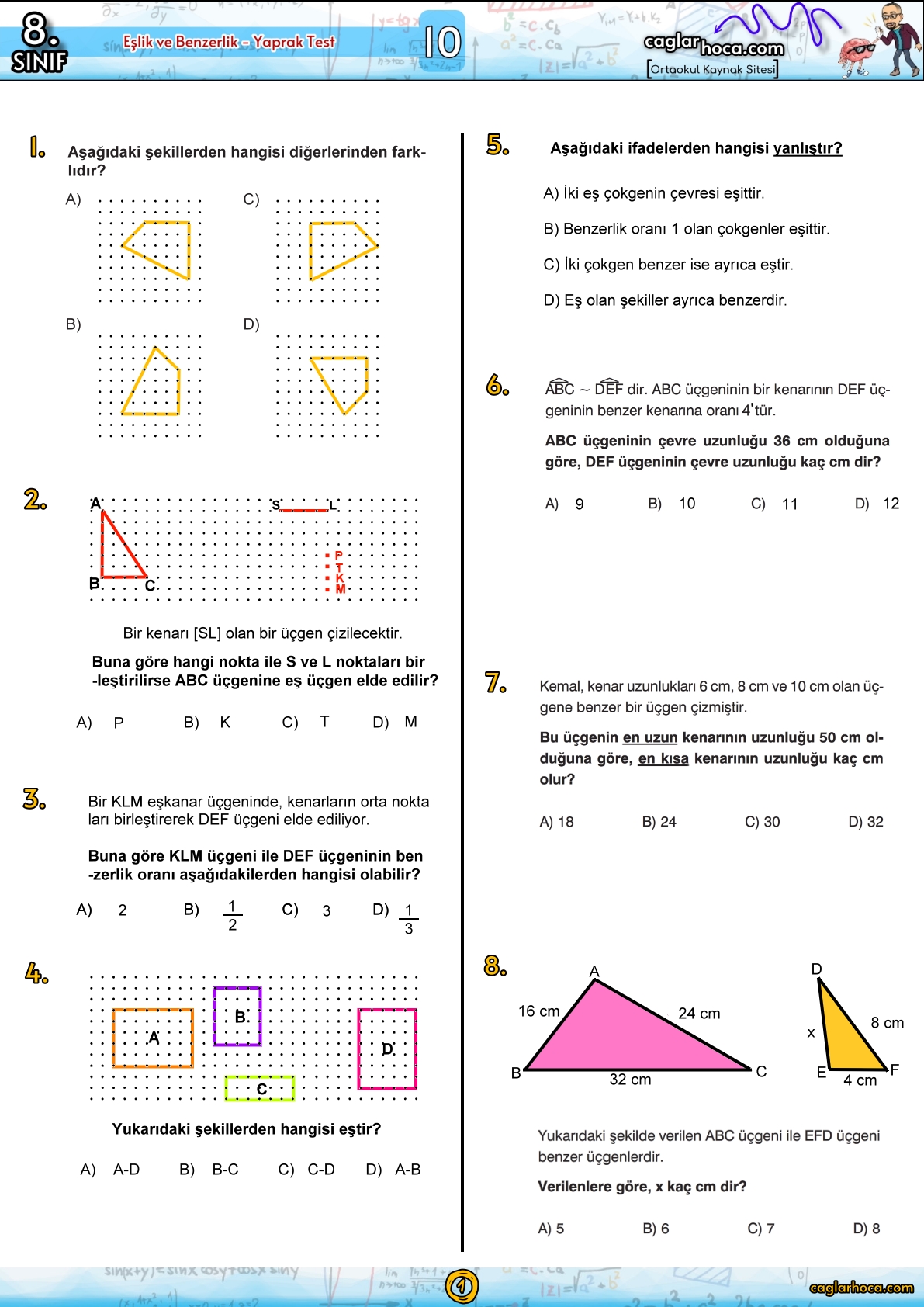 8.sınıf ortaokul matematik eşlik ve benzerlik yaprak test