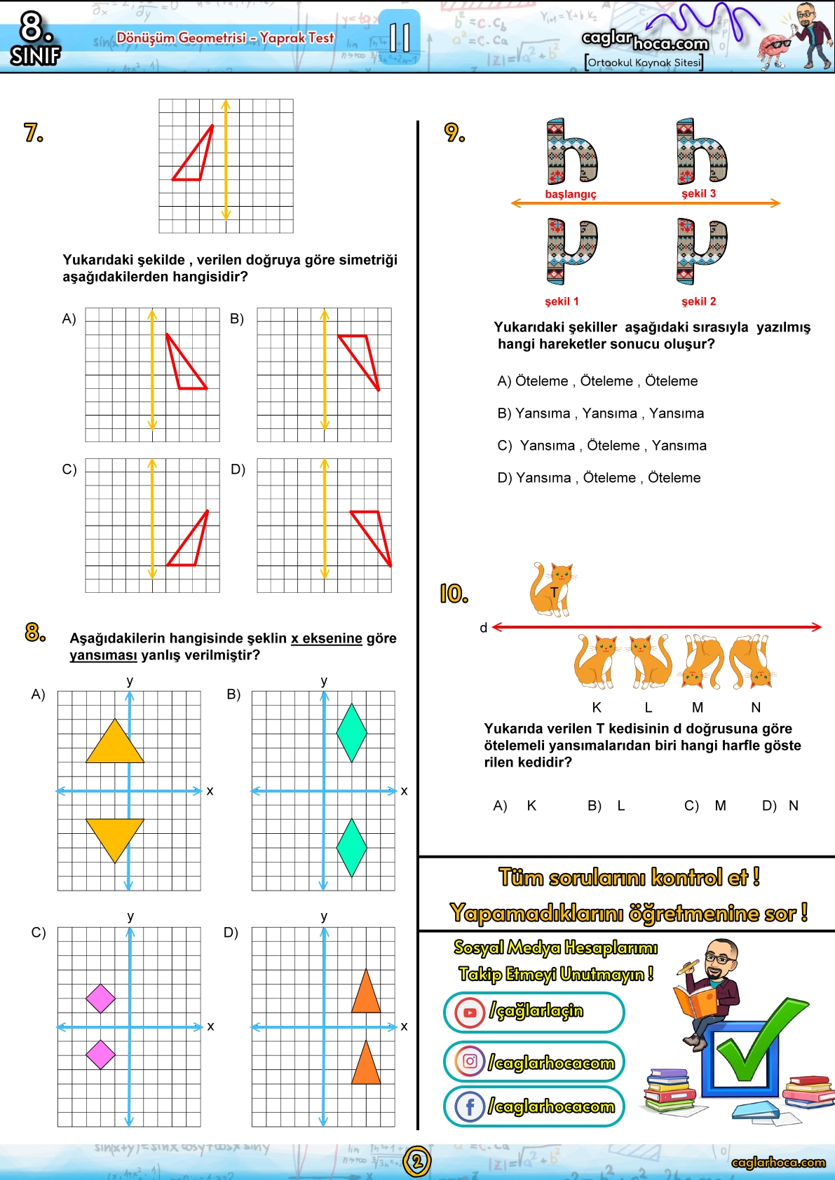 8.sınıf dönüşüm geometrisi yaprak test matematik