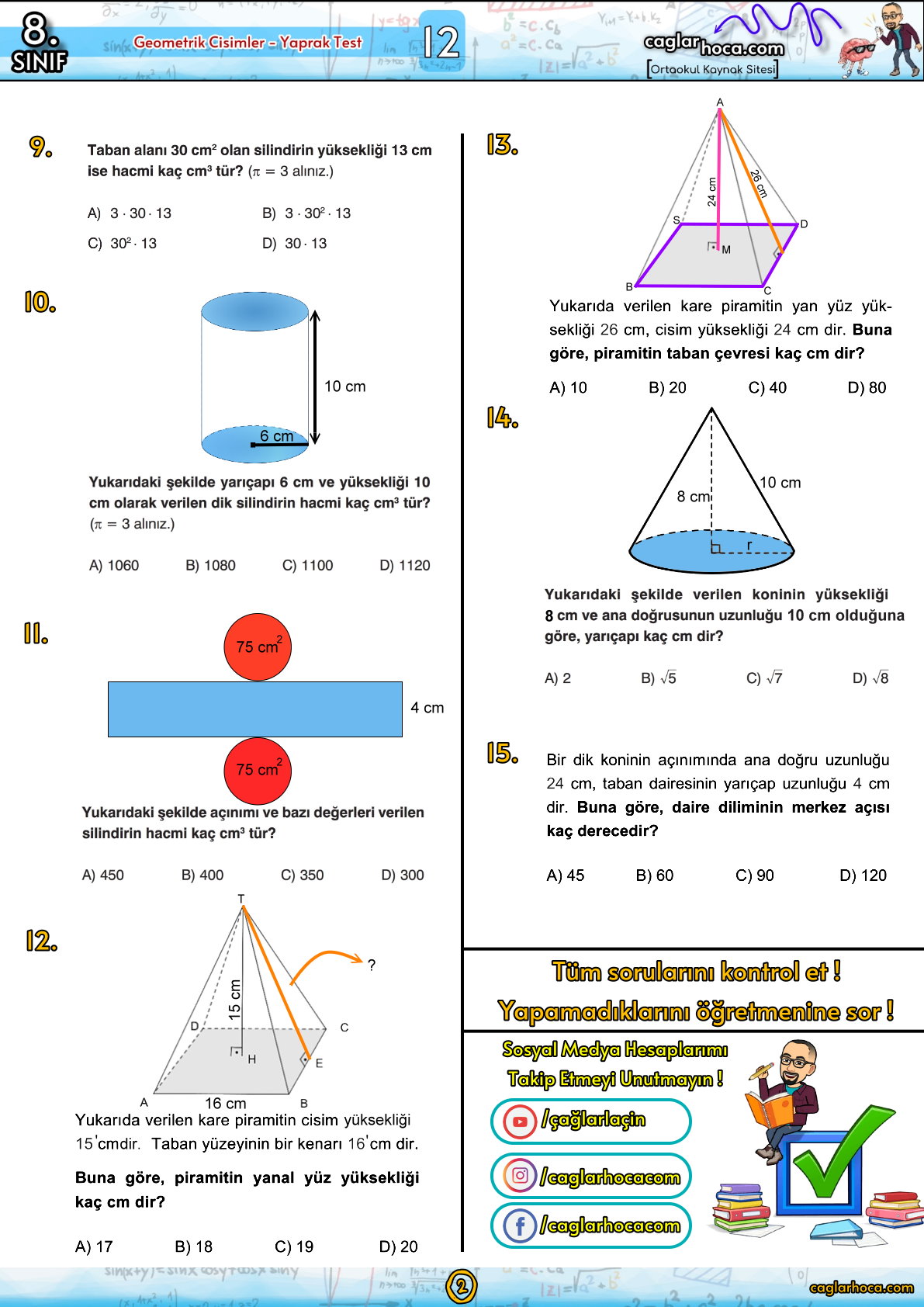 8.sınıf 12.ünite geometrik cisimler yaprak test