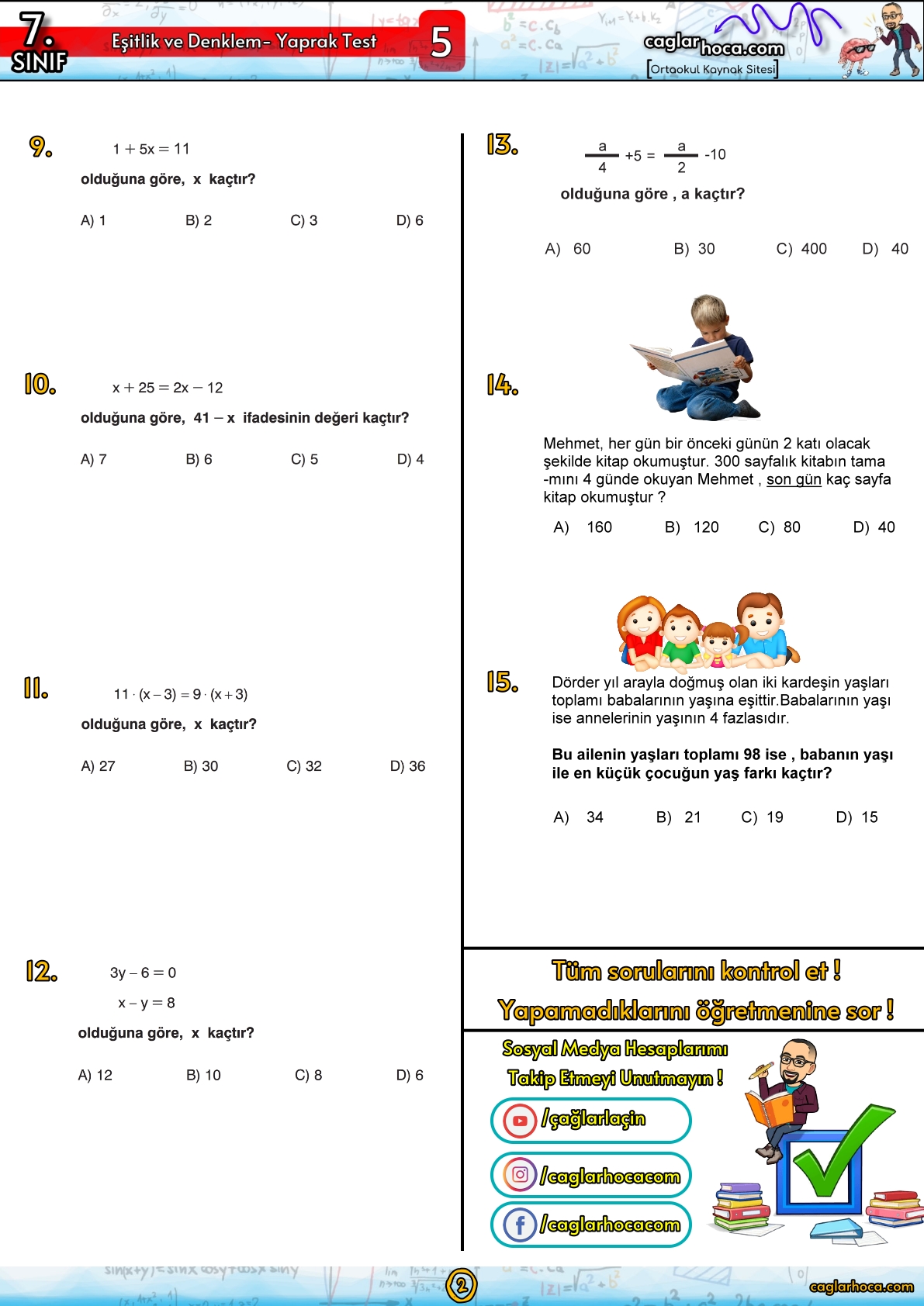 7.sınıf 5.Ünite Eşitlik ve Denklem Yaprak Test