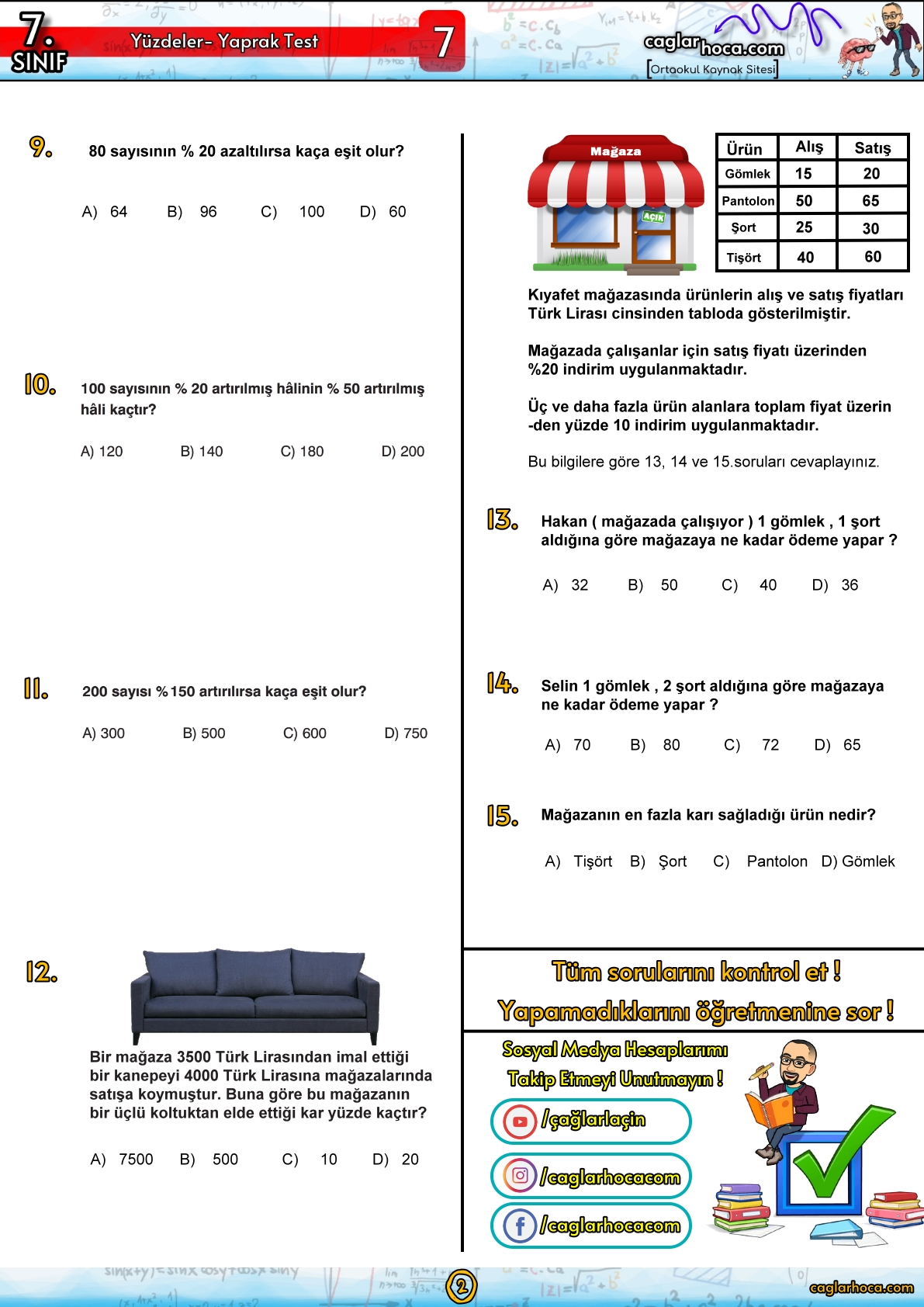 7.sınıf 7.ünite yüzdeler yaprak test