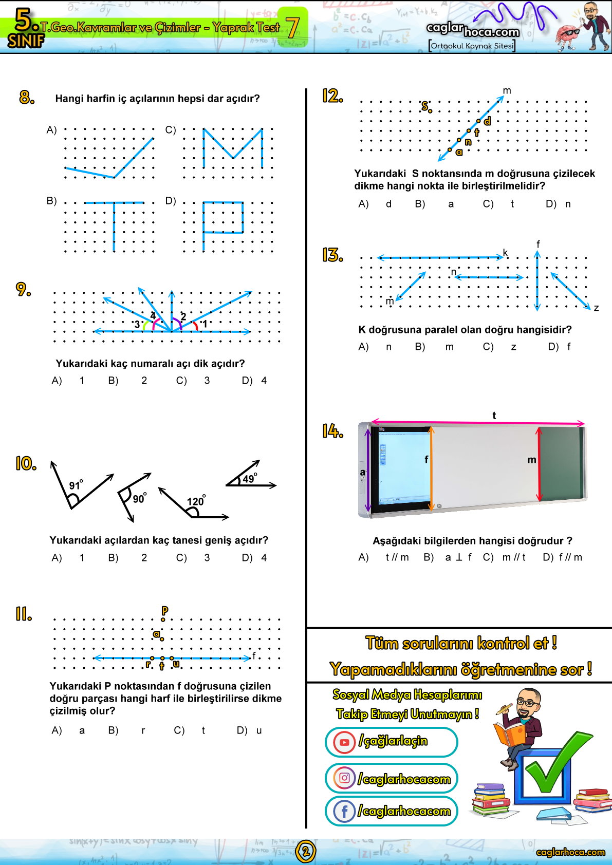 5.sınıf 7.ünite temel geometrik kavramlar ve çizimler yaprak test