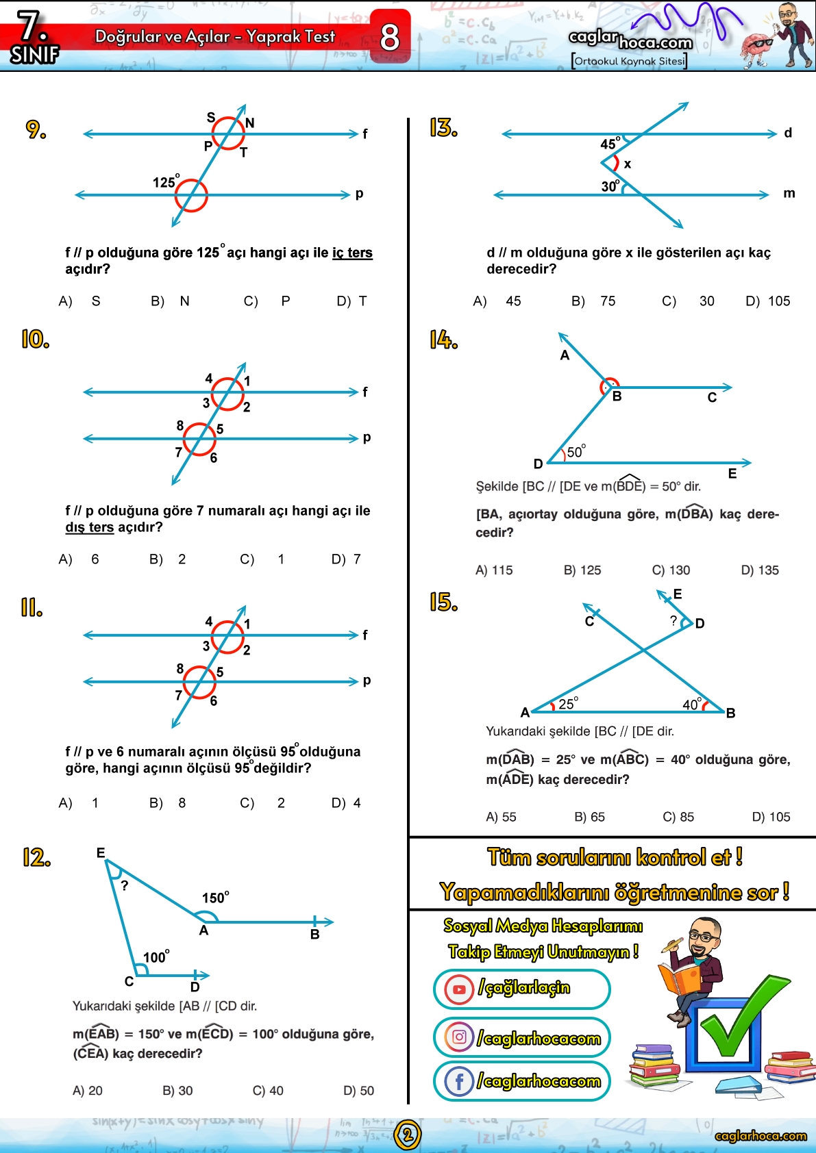 7.sınıf 8.ünite doğrular ve açılar yaprak test