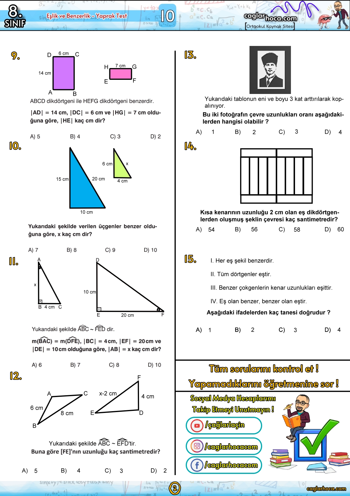 8.sınıf ortaokul matematik eşlik ve benzerlik yaprak test