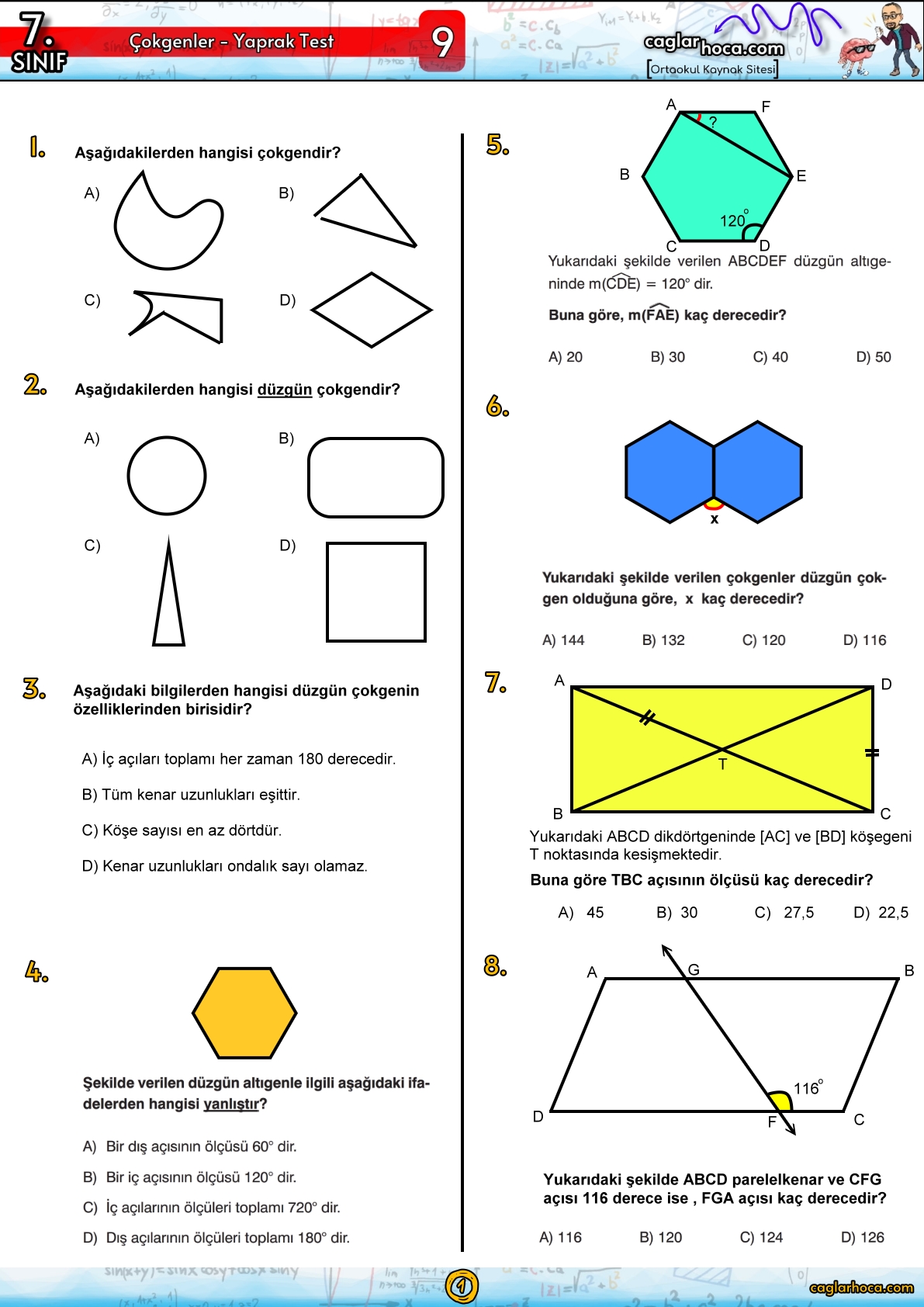 7.sınıf 9.ünite çokgenler matematik yaprak test