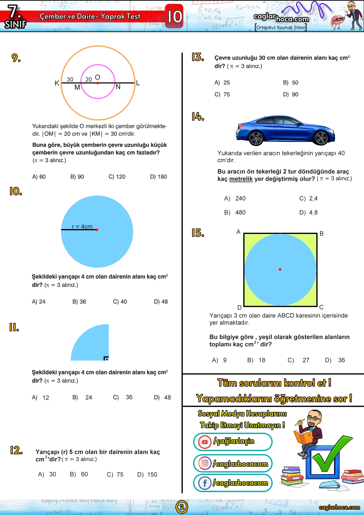 7.sınıf 10.ünite çember ve daire yaprak test