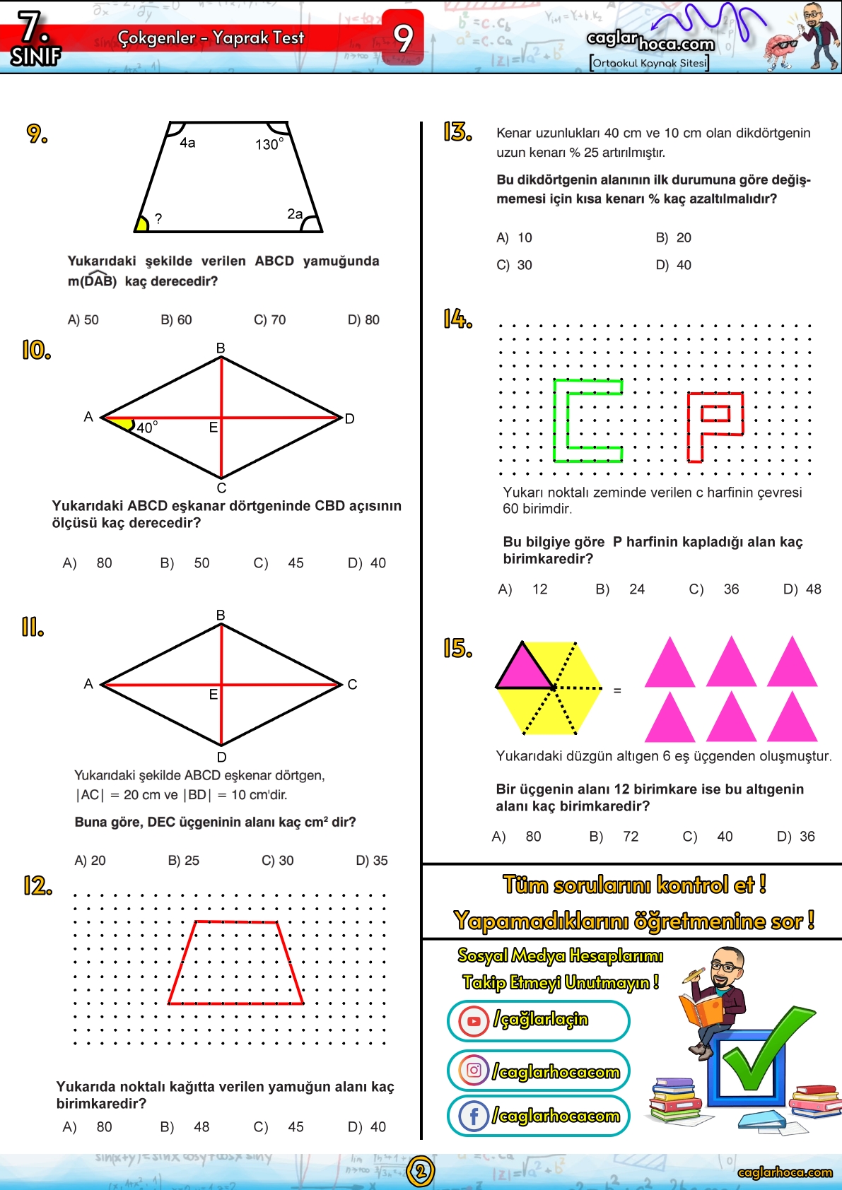 7.sınıf 9.ünite çokgenler matematik yaprak test