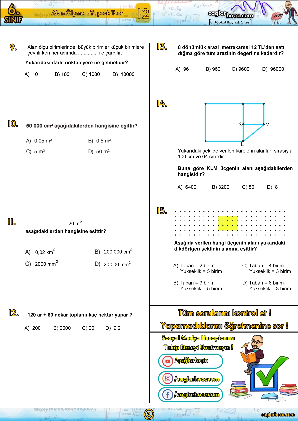 6.sınıf 12.ünite alan ölçme yaprak test