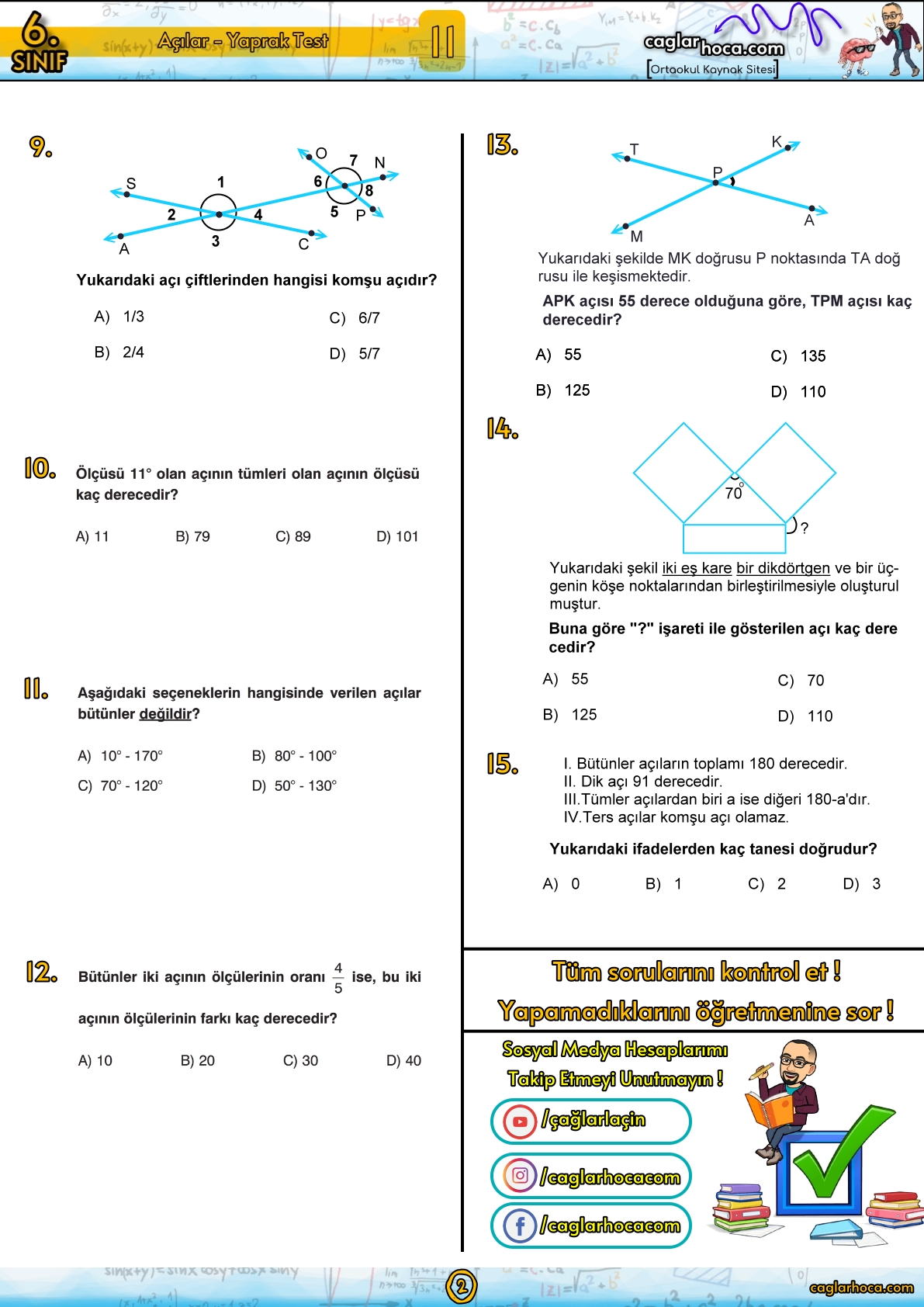 6.sınıf 11.ünite açılar yaprak test