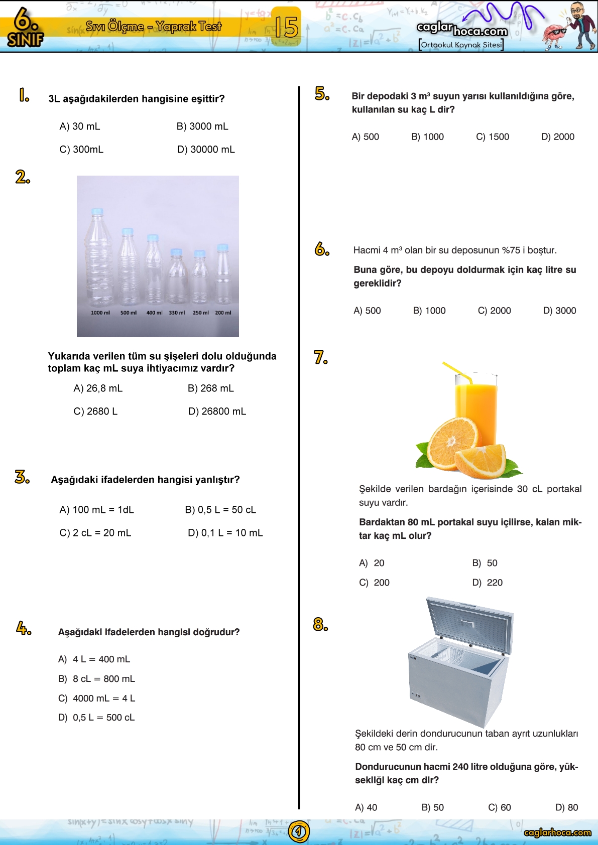 6.sınıf 15.ünite sıvı ölçme matematik yaprak test