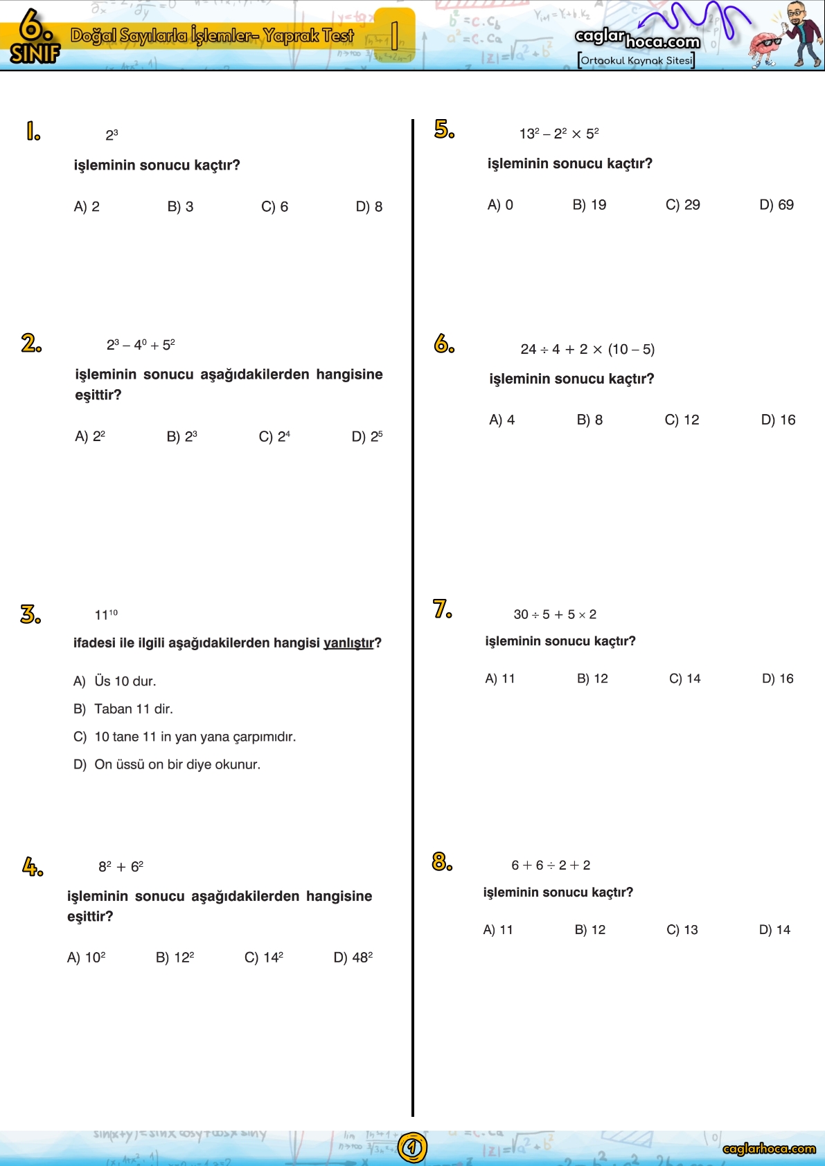 6.sınıf 1.ünite Doğal Sayılarla İşlemler Matematik Yaprak Test