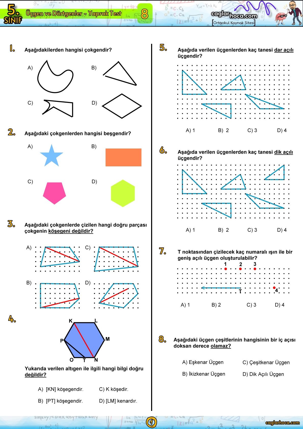 5.Sınıf 8.Ünite Üçgenler ve dörtgenler yaprak test