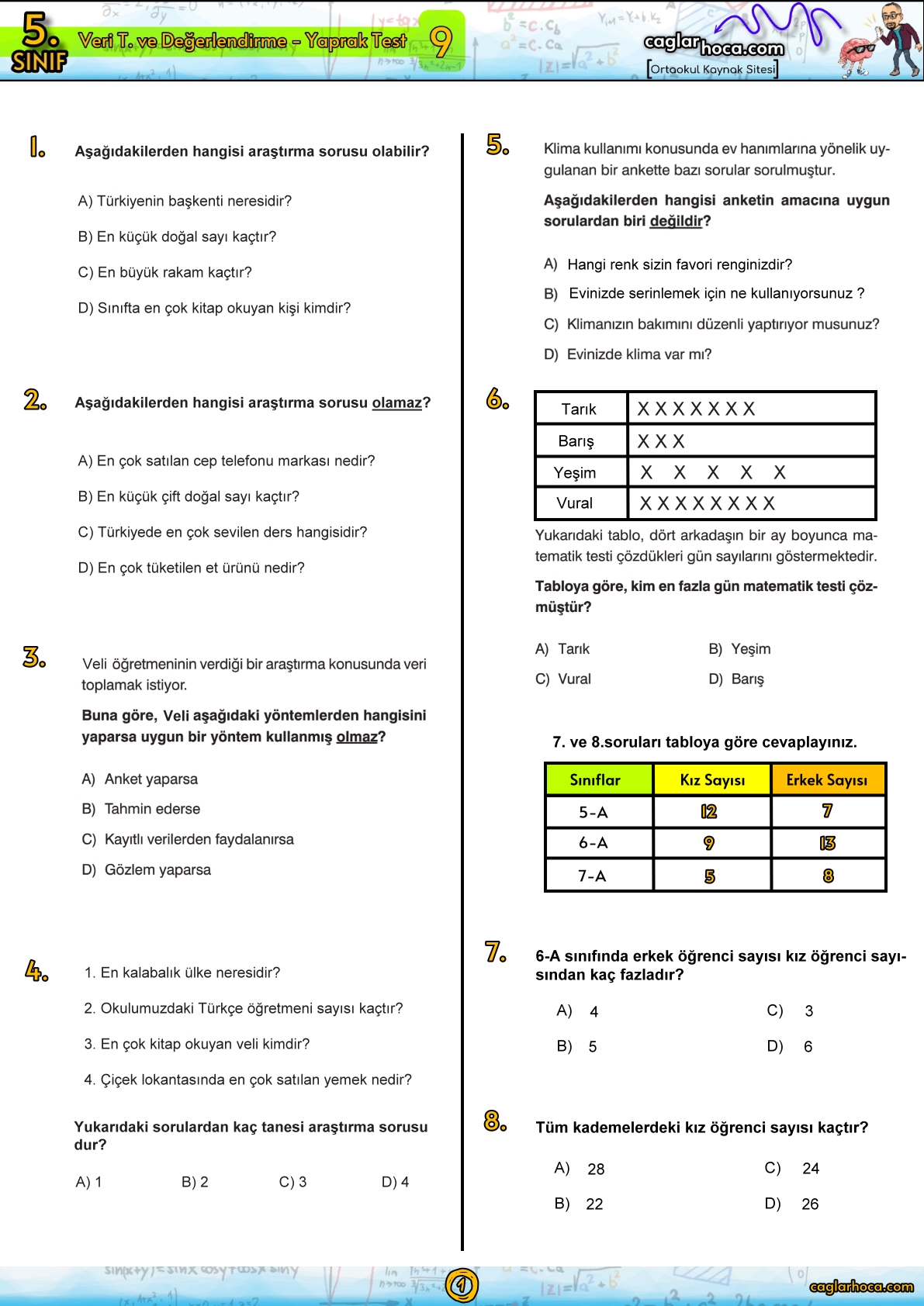 5.sınıf 9.Ünite Veri Toplama ve Değerlendirme Yaprak Test