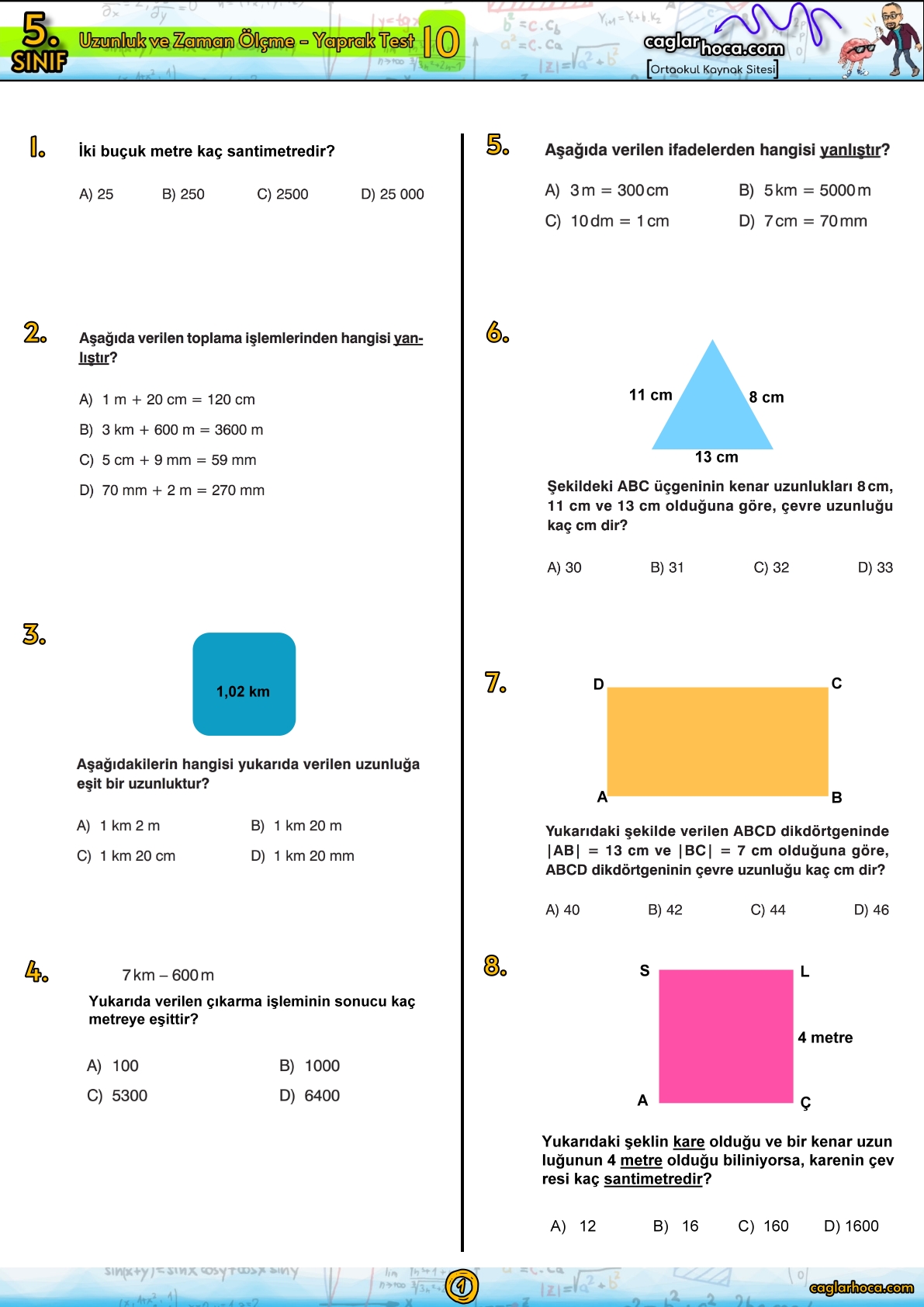 5.sınıf 10.Ünite Uzunluk ve Zaman Ölçme Yaprak Test