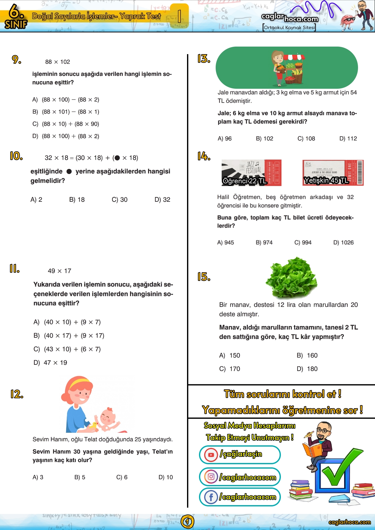 6.sınıf 1.ünite Doğal Sayılarla İşlemler Matematik Yaprak Test