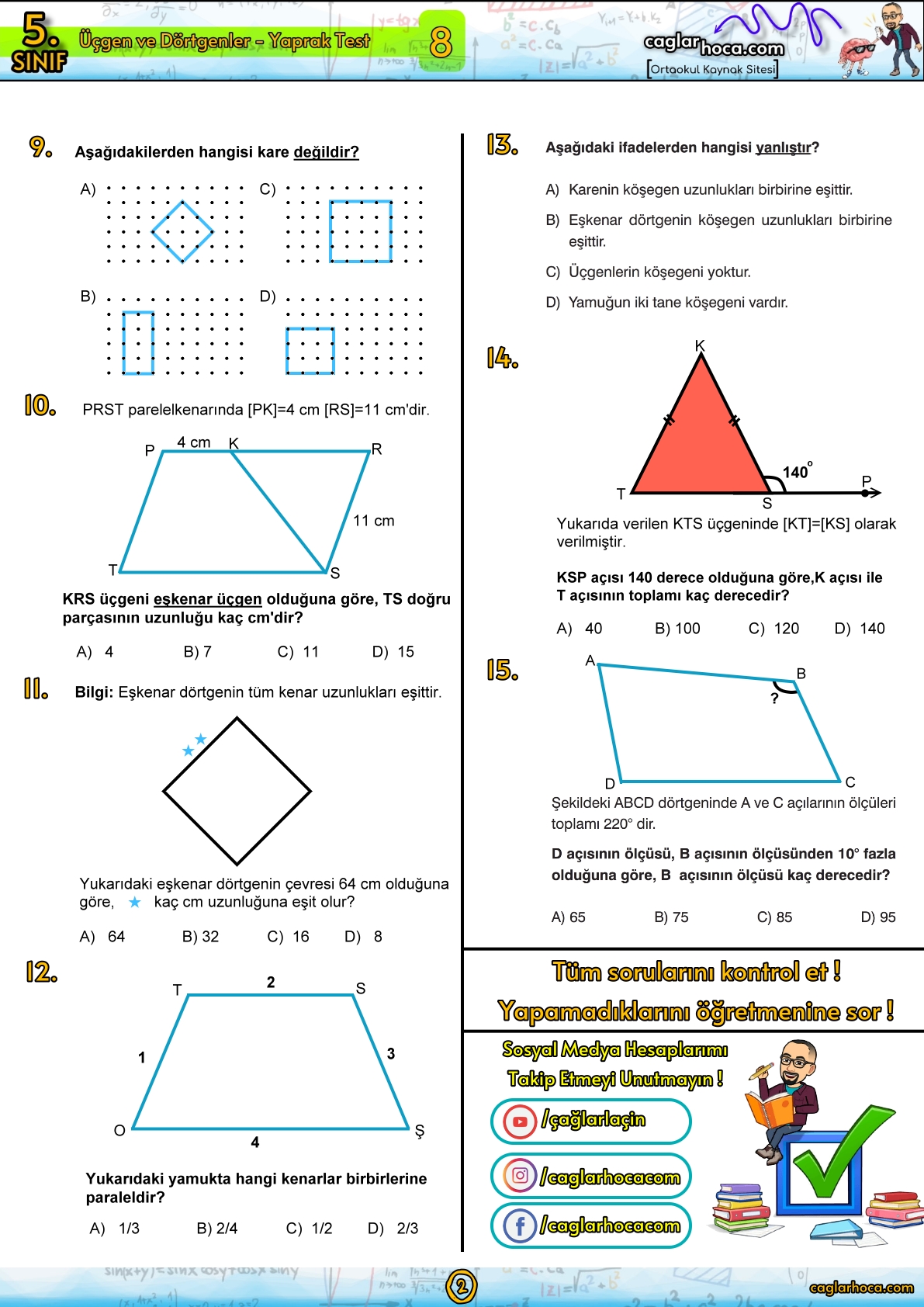 5.Sınıf 8.Ünite Üçgenler ve dörtgenler yaprak test