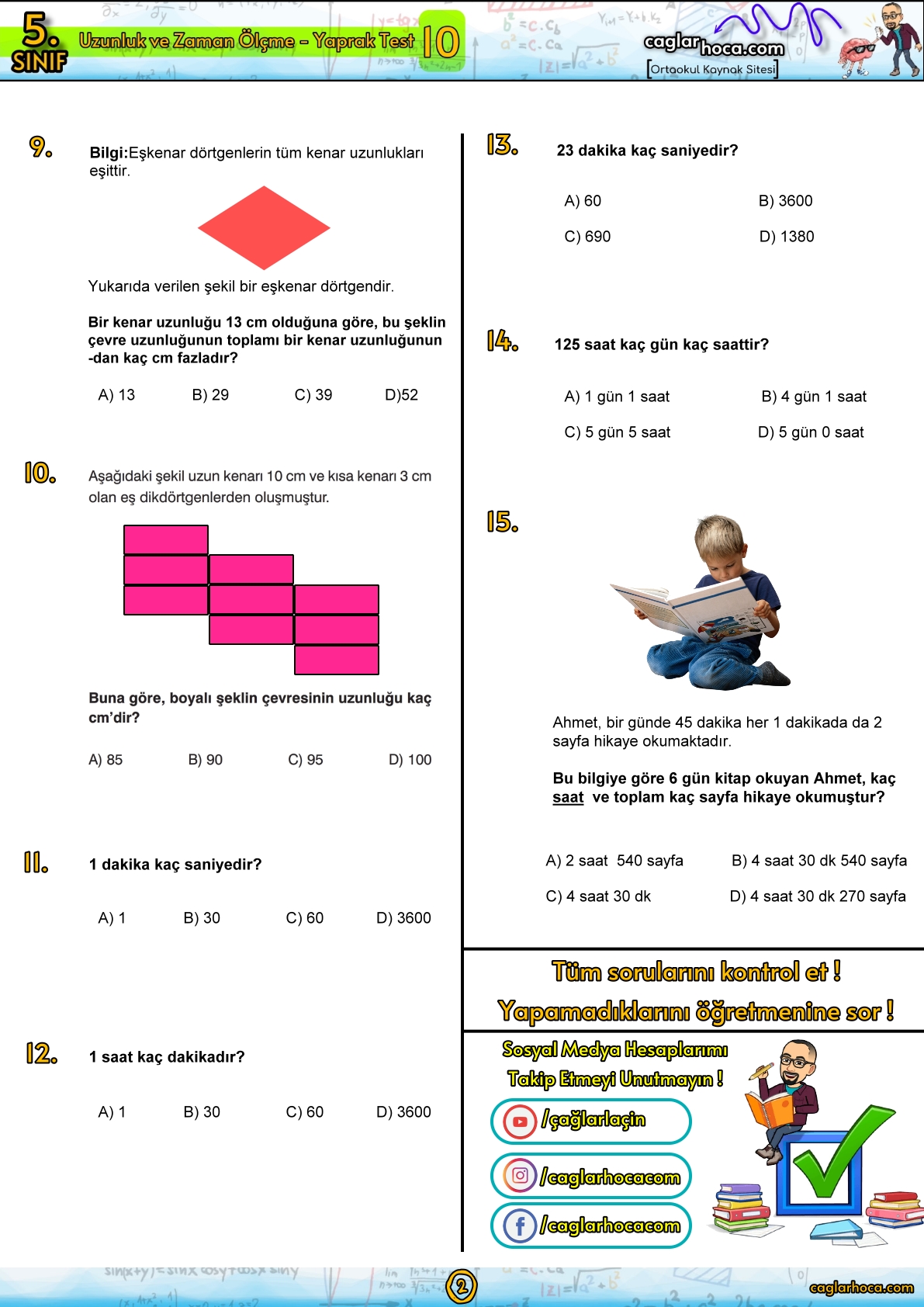 5.sınıf 10.Ünite Uzunluk ve Zaman Ölçme Yaprak Test