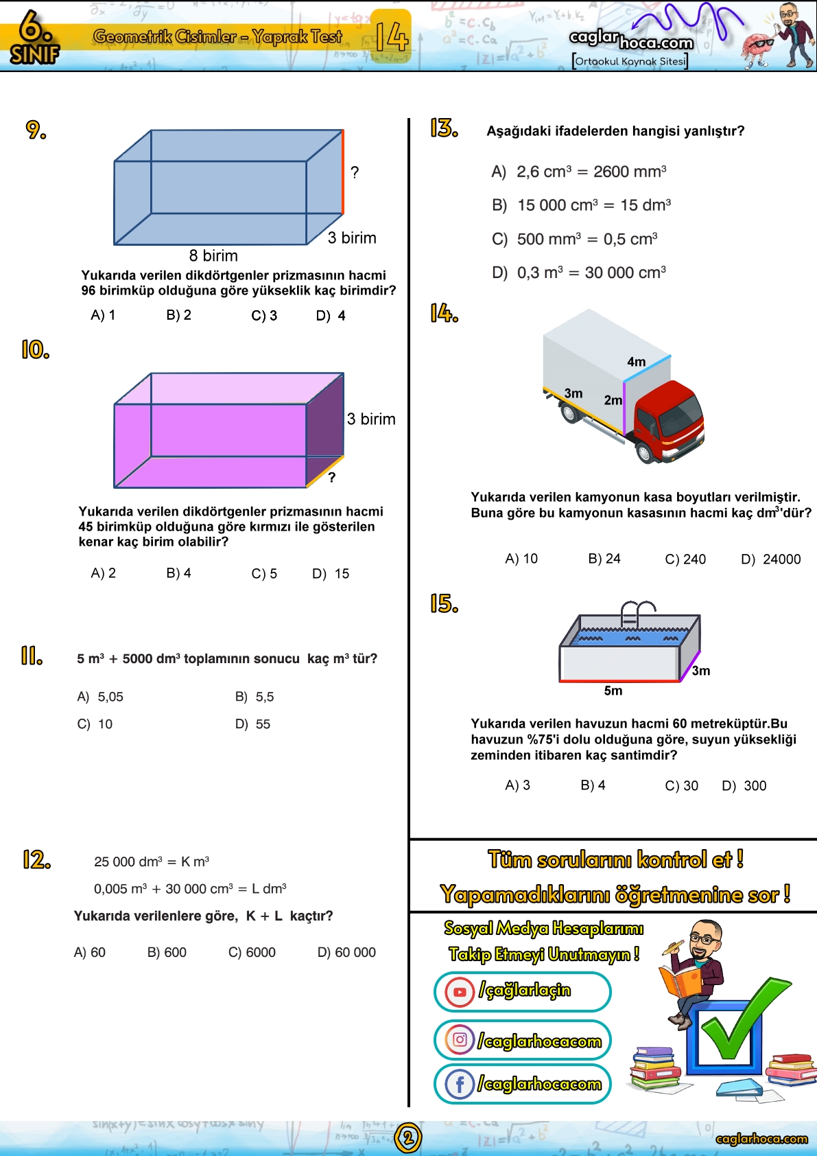 6.sınıf matematik geometrik cisimler yaprak test