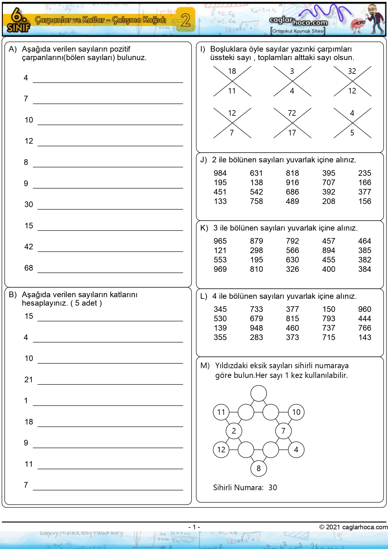 matematik 6.sınıf 2.ünite çarpanlar ve katlar çalışma kağıdı