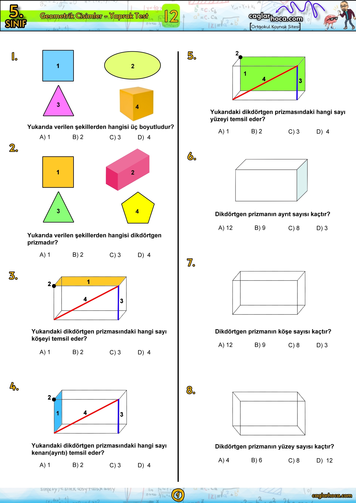 5.Sınıf 12.Ünite Geometrik Cisimler Yaprak Test