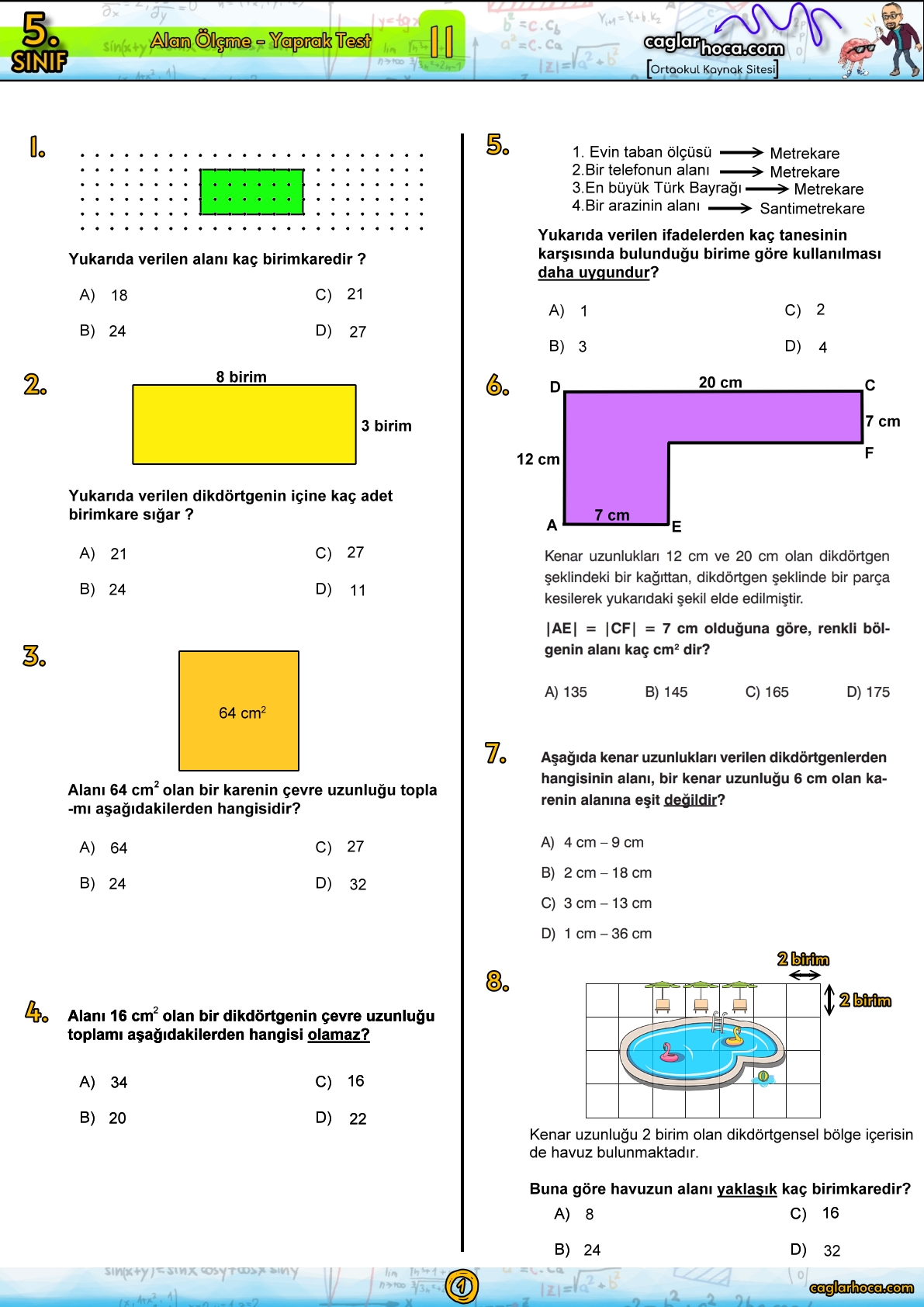 5.Sınıf 11.Ünite Alan Ölçme Yaprak Test