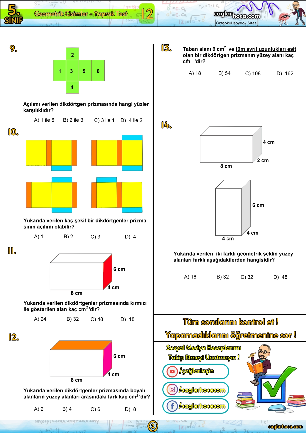 5.Sınıf 12.Ünite Geometrik Cisimler Yaprak Test