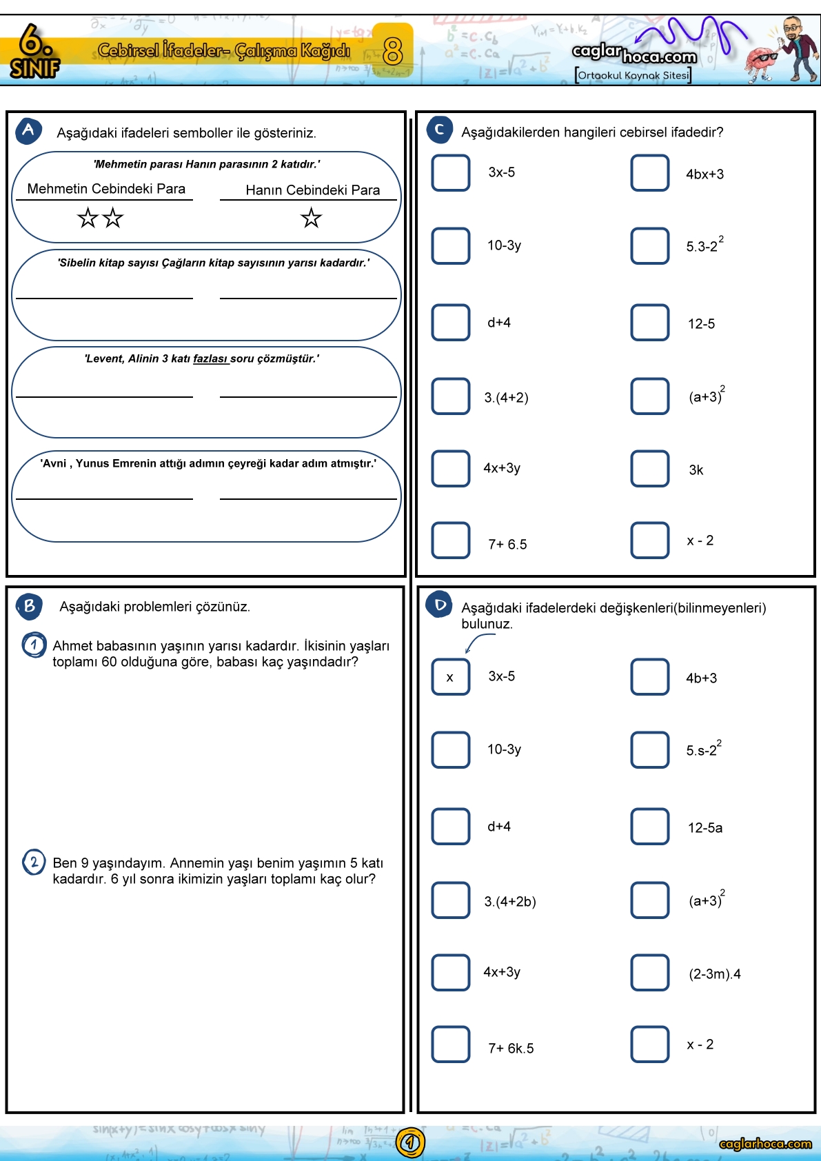 cebirsel ifadeler,6. sınıf matematik cebirsel ifadeler çalışma kağıdı,cebirsel ifadeler soru çözümü,6. sınıf matematik cebirsel ifadeler,cebirsel ifadeler pdf